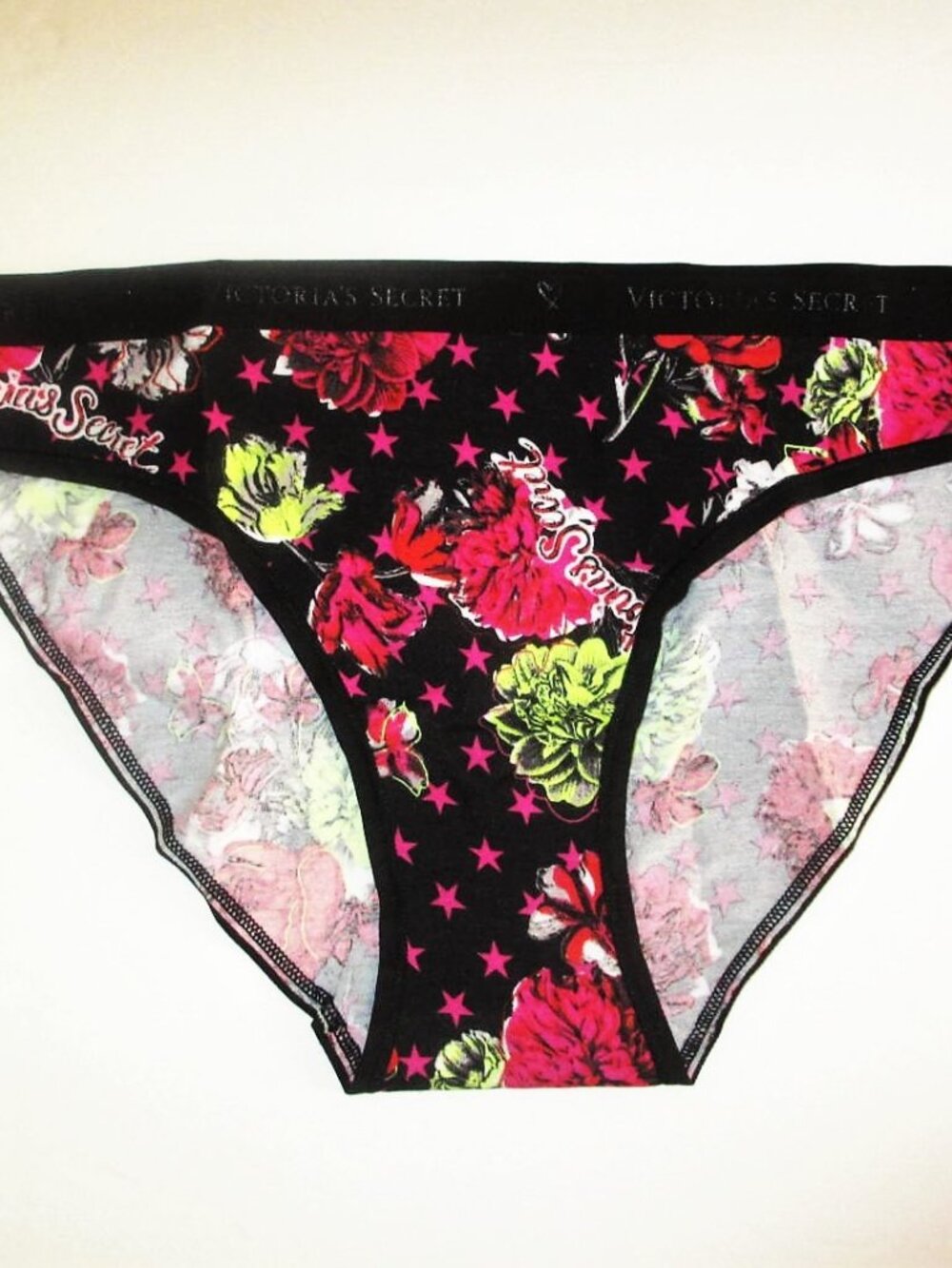 Victorias Secret Cotton Bikini Panty Black Pink Floral VS Logo Print SIZE M NWT